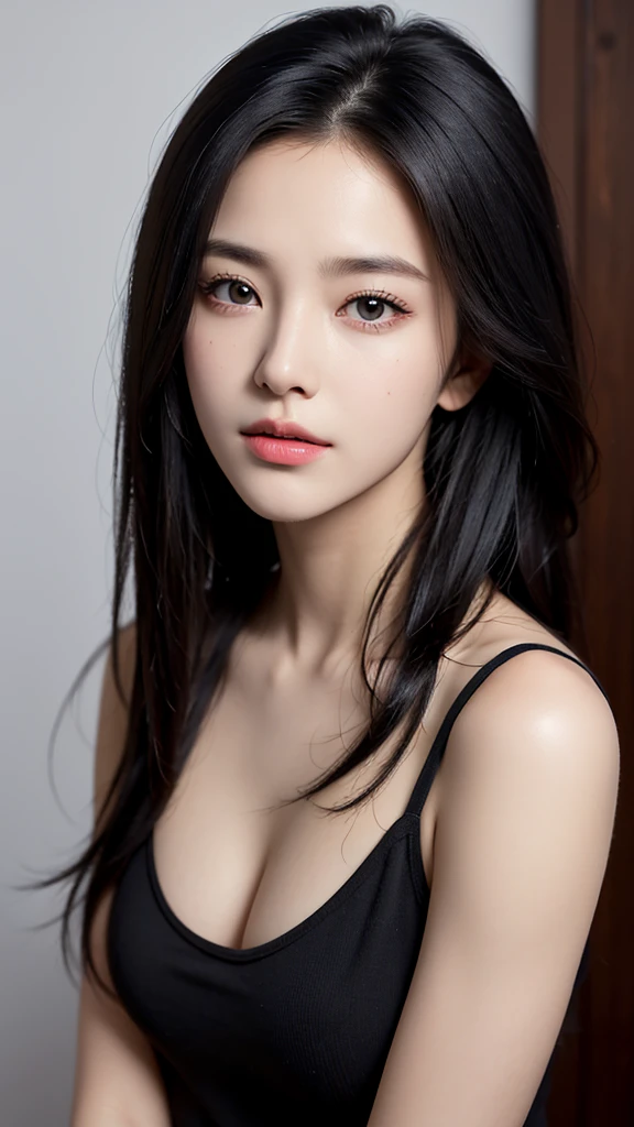 (8k),(RAW Photos),(Highest quality),(masterpiece:1.2),Sharp focus,Natural Shading,Ultra-realistic,(Small breasts:1.2),Realistic Face,Ultra-realisticな顔,Beautiful Face,detailed,超detailed,slim,(Black hair straight:1.3),double eyelid,非常にdetailedな顔,Shiny Hair,Realistic Skin,Realistic Shadows,,From the thigh up,Tank top,Look Up