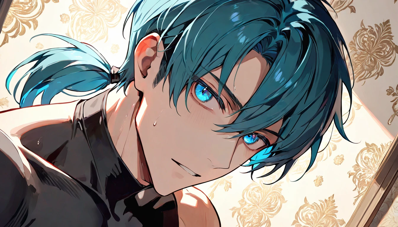 ((((best masterpiece, best quality, wallpaper,)))) solo, guy, male body, small muscles, flat chest, 1male, 30 years old, handsome man, dramatic angle, upper body, looking at viewers, beautiful detailed, mediumturquoise hair, ((((Lower short ponytail)))), asymmetrical bangs, ((short hair,)) blush stickers, sweat, (((perfect face, extremely detailed eyes,))) ((( jitome, gold eyes, ^o^, tareme, droopy eyes,))) perfect hands, sharp nose, clear face, black turtleneck, grey cardigan, ((silver piercing, pendant,)) leggings, pink background color ultrasharp, 8K, masterpiece,