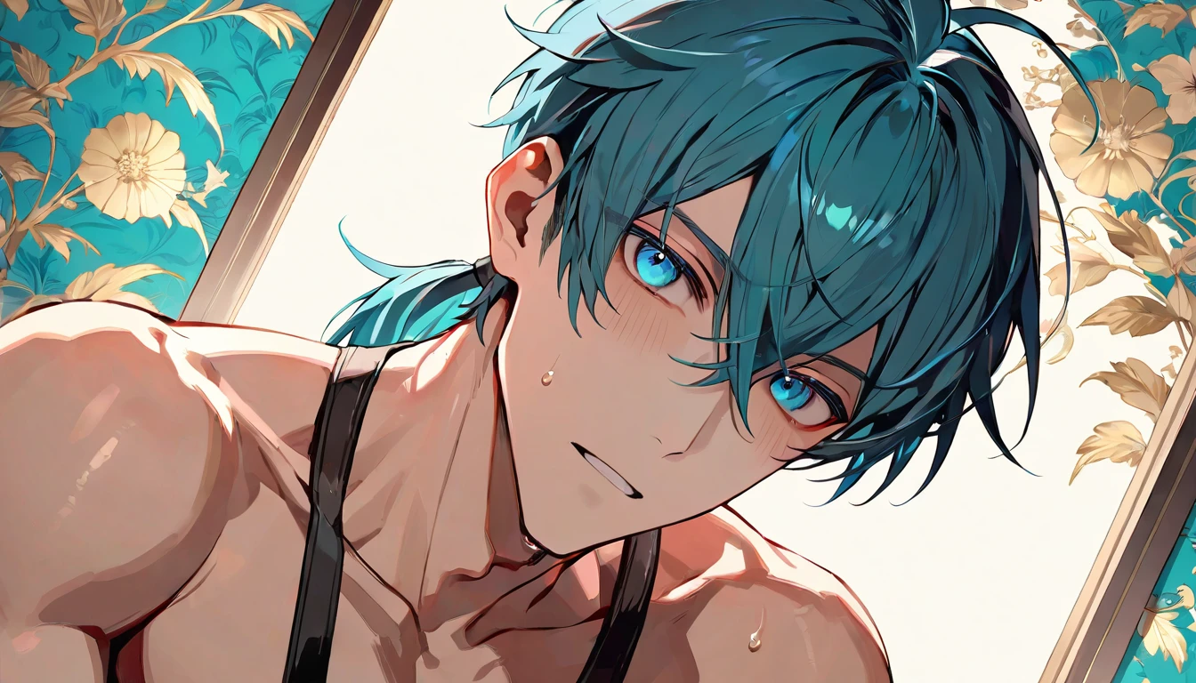 ((((best masterpiece, best quality, wallpaper,)))) solo, guy, male body, small muscles, flat chest, 1male, 30 years old, handsome man, dramatic angle, upper body, looking at viewers, beautiful detailed, mediumturquoise hair, ((((Lower short ponytail)))), asymmetrical bangs, ((short hair,)) blush stickers, sweat, (((perfect face, extremely detailed eyes,))) ((( jitome, gold eyes, ^o^, tareme, droopy eyes,))) perfect hands, sharp nose, clear face, black turtleneck, grey cardigan, ((silver piercing, pendant,)) leggings, pink background color ultrasharp, 8K, masterpiece,