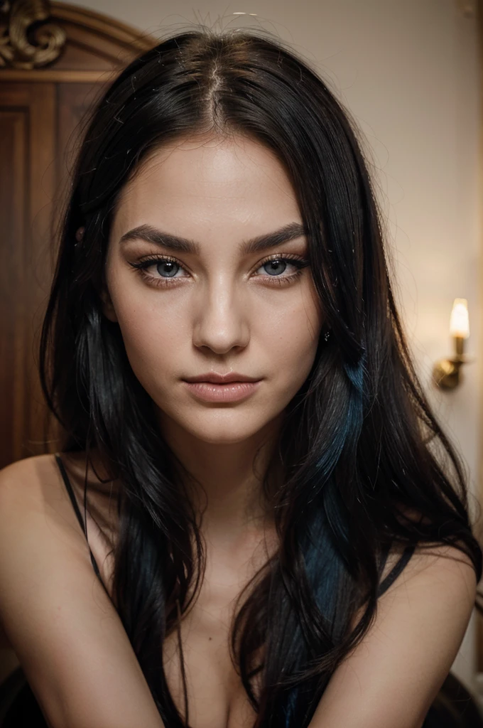 A girl with long blue hair. Her face is exquisite, with high cheekbones and smooth fair skin. Her large black eyes, framed by long thick eyelashes, are impressive and expressive, radiating calmness and confidence. Well-defined eyebrows curve gracefully above her eyes, adding intensity to her gaze. She has a small, straight nose and full, slightly parted lips that curve into a slight smile, revealing hints of mischief and allure. Her sharp, well-defined jawline gives her face a refined and elegant appearance. fashion shooting, portrait, baroque, fashion model, smokey eyes