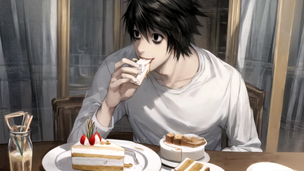 1 boy, man, perfect anatomy, mesmerizing black eyes, 8k resolution, (one person), (realism: 1.2), (masterpiece: 1.2), (cowboy frame: 1.2), dark romantic lighting, (high detail: 1.2), (detailed face: 1.2), (gradients), bright detailed eyes, (natural light: 1.2), solo, indoors, perfect lighting, perfect facial features, perfect angle, perfectly drawn eyes, man, smile, skinny, eats cake, holds the phone in his hand