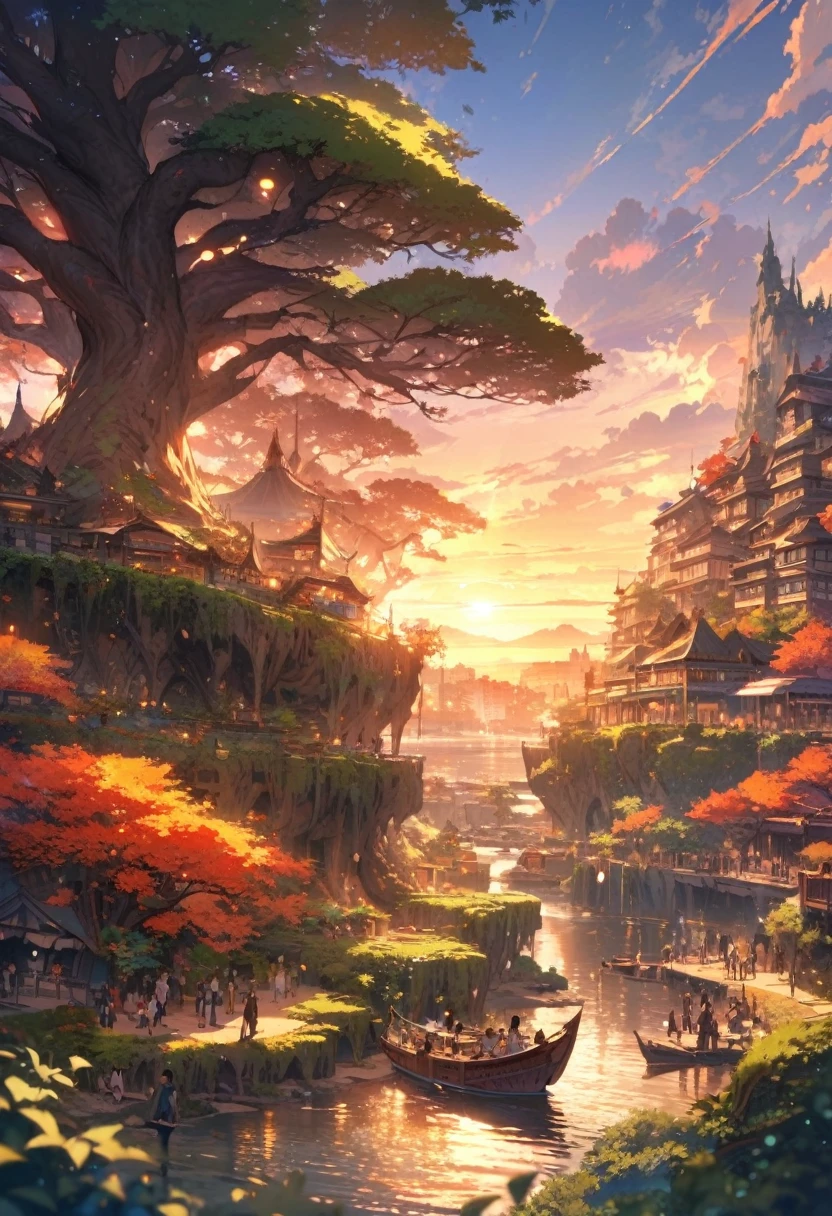 (Masterpiece, best quality, light particles), small island covered in large sprawling roots, enormous tree with many colored leaves, buildings built into side of tree, vegetation, people, golden ocean, sunset, boats,