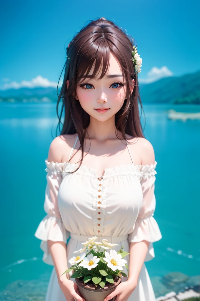 masterpiece, 1 girl, beautiful girl, smile, close up, detailed face, detailed eyes, detailed pupils, round pupils, blue eyes, brown hair, long hair, bangs, equal length bangs, small ahoge, bare shoulders, blush, medium breasts, white dress, frilly dress, looking at viewer, fantasy, european, castle in background, architecture, outdoors, best quality, high res, ultrasharp, high detail, sharp focus, dramatic, beautiful lighting, real life, intricate, caustics, subsurface scattering, reflections, (photorealistic:1.5), (ulzzang-6500:0.5), (RAW photo, 8k uhd, film grain)