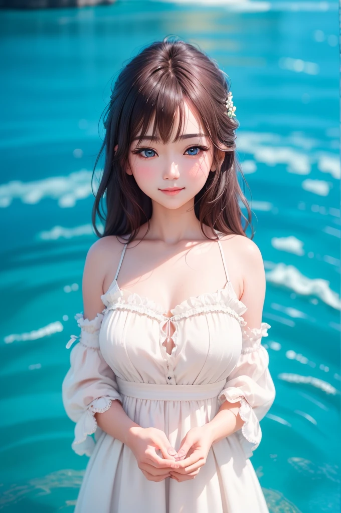masterpiece, 1 girl, beautiful girl, smile, close up, detailed face, detailed eyes, detailed pupils, round pupils, blue eyes, brown hair, long hair, bangs, equal length bangs, small ahoge, bare shoulders, blush, medium breasts, white dress, frilly dress, looking at viewer, fantasy, european, castle in background, architecture, outdoors, best quality, high res, ultrasharp, high detail, sharp focus, dramatic, beautiful lighting, real life, intricate, caustics, subsurface scattering, reflections, (photorealistic:1.5), (ulzzang-6500:0.5), (RAW photo, 8k uhd, film grain)