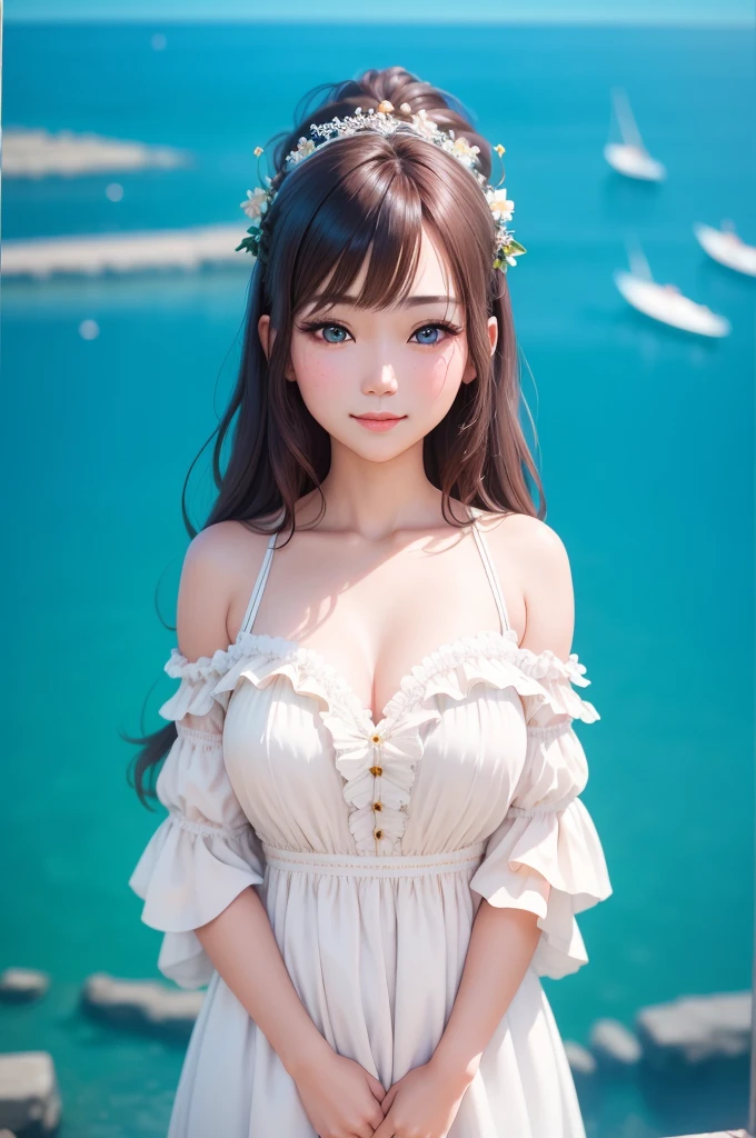 masterpiece, 1 girl, beautiful girl, smile, close up, detailed face, detailed eyes, detailed pupils, round pupils, blue eyes, brown hair, long hair, bangs, equal length bangs, small ahoge, bare shoulders, blush, medium breasts, white dress, frilly dress, looking at viewer, fantasy, european, castle in background, architecture, outdoors, best quality, high res, ultrasharp, high detail, sharp focus, dramatic, beautiful lighting, real life, intricate, caustics, subsurface scattering, reflections, (photorealistic:1.5), (ulzzang-6500:0.5), (RAW photo, 8k uhd, film grain)