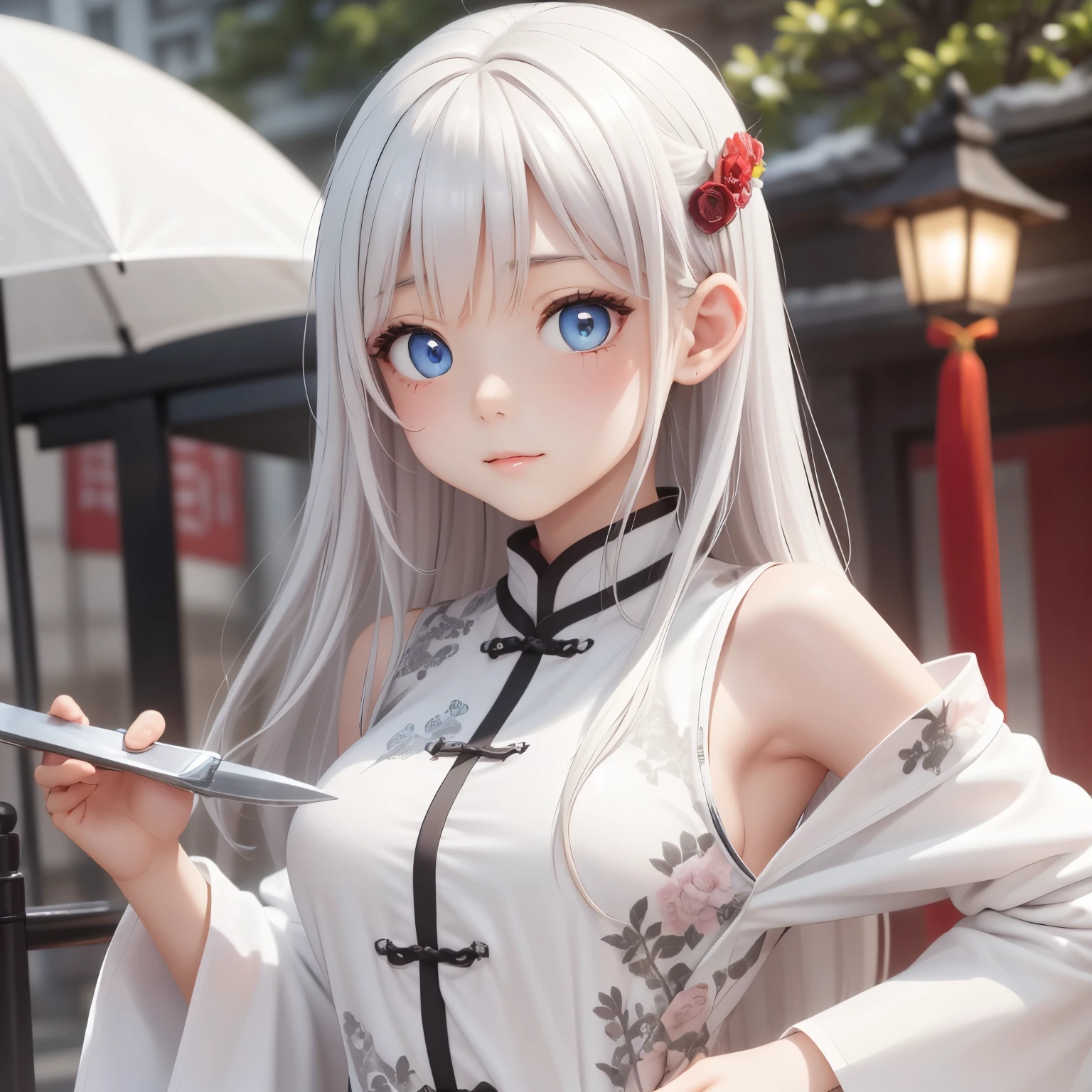 masterpiece, Highest quality, night, Outdoor, rainy days, branch, Chinese style, ancient China, 1 female, Mature Woman, A woman with long silvery white hair, Gray blue eyes, Pale pink lips, cold, Severe, weak, bangs, assassin, Short knife, White clothes, Black clothing pattern, Blood stains, Blood, Injury, Blood on the face, Blood on the clothes, rain, Beautiful Face, Beautiful Face,