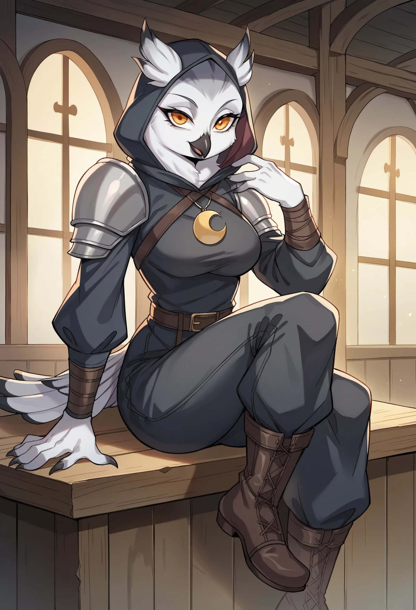 A 25-year-old female beastfolk with an athletic build, covered in mottled brown and white feathers like an owl, sits at a wooden table in a medieval tavern. Her large, round amber eyes and heart-shaped face with a sharp beak give her an intense look. She wears a dark grey tunic with silver embroidery, lightweight black leather armor, and a large steel shoulder pauldron adorned with runes. Her leather trousers are tucked into knee-high, metal-reinforced boots. A dark mantle with a fur-lined hood cascades from her shoulders, partially covering her folded owl wings. A silver crescent moon amulet hangs around her neck as she scans the room with a blend of grace and strength.