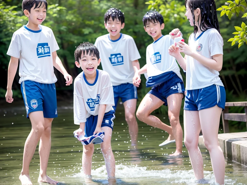 In the forest、 in the countryside、Swimming in the river、Bathing in water、水でGet wet all over、Cute eletary boy、Boy in gym clothes、The bottom of the white T-shirt is blue、Blue shorts、The boys are playing、Get wet all over、The laughter of boys can be heard from afar、Splashing Water、Japanese、(Boy 1.4)、high resolution、Highest quality