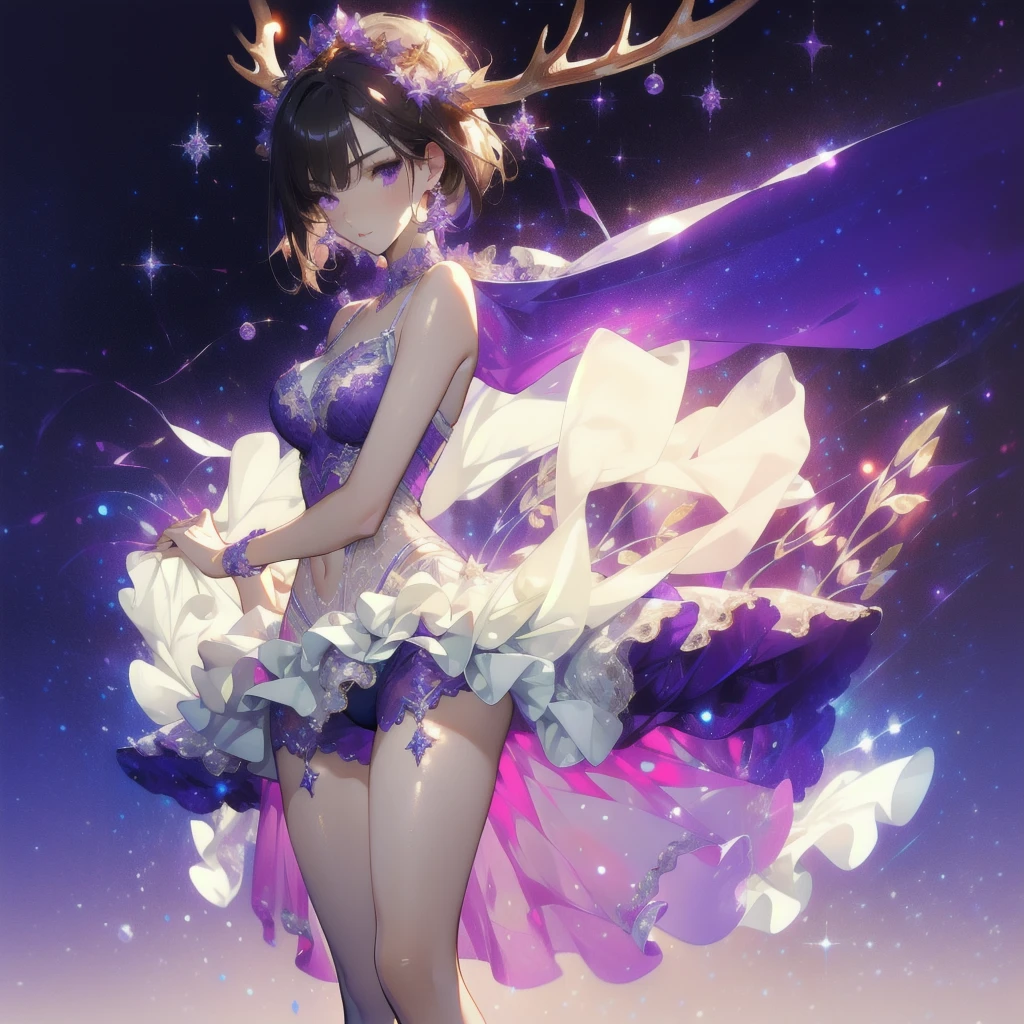 ((masterpiece, best quality)), Delicate face,Beautiful goddess,Christmas,Elk,Standing picture,whole body,Perfect body proportions,Long legs,Handsome short hair,Beautiful purple eyes,Fantasy style,White background,Extremely beautiful,transparent,Sexy,Sexy Lingerie