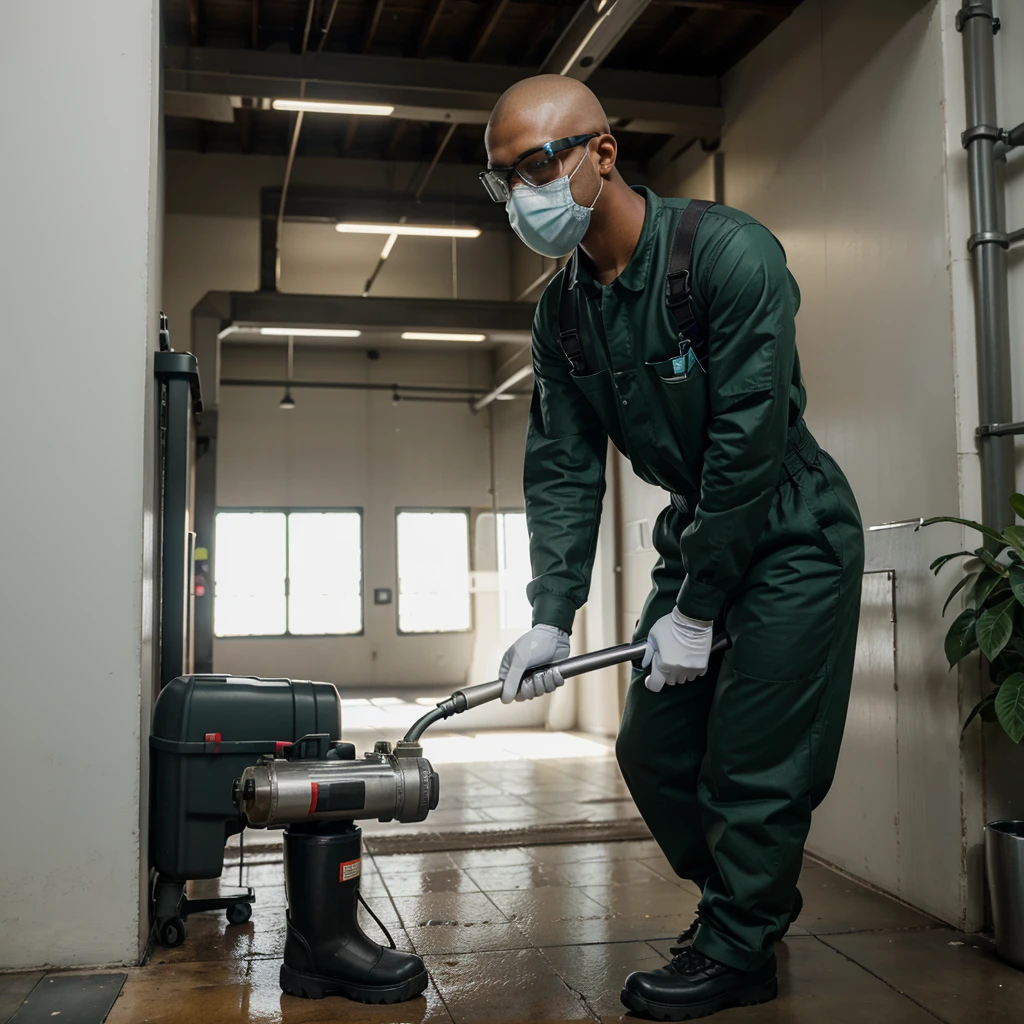 A detailed image of a Black pest control technician with a shaved head, wearing a dark green jumpsuit with the company logo, non-slip safety boots, protective gloves, a filtering mask, and safety goggles. The technician is holding and using a portable sprayer to apply disinfectant products on plants, maintaining a professional appearance, ready to ensure an effective and safe service. High-resolution, photorealistic, background: 100% white
