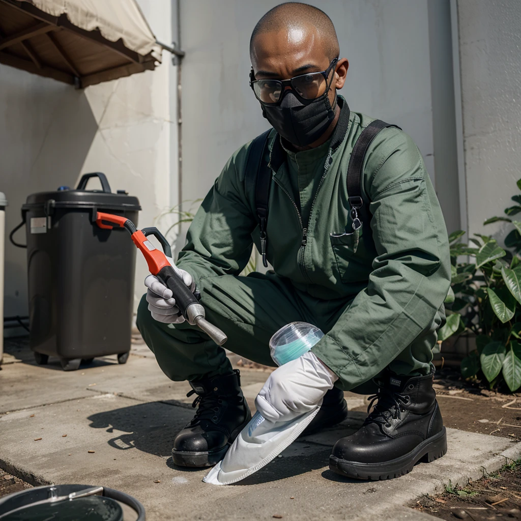 A detailed image of a Black pest control technician with a shaved head, wearing a dark green jumpsuit with the company logo, non-slip safety boots, protective gloves, a filtering mask, and safety goggles. The technician is holding and using a portable sprayer to apply disinfectant products on plants, maintaining a professional appearance, ready to ensure an effective and safe service. High-resolution, photorealistic, background: 100% white