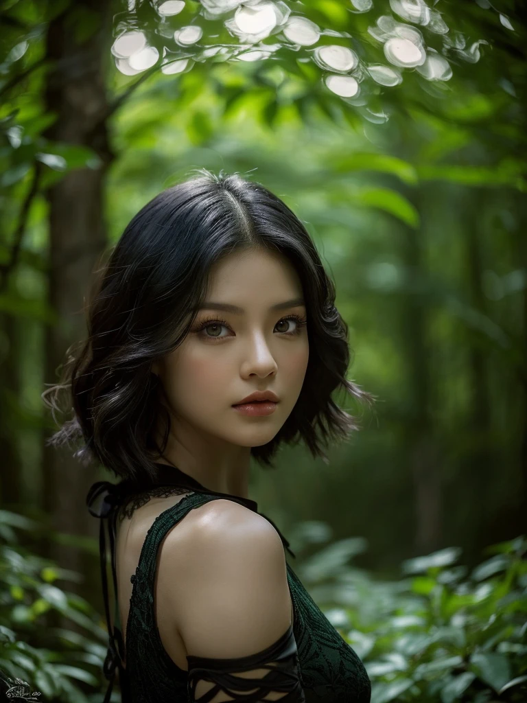 A beautiful raven-haired girl as an elf (kim Jennie from blackpink) with short hair, dressed as an elf, standing in a lush forest with dark colors, (1girl,elf,short hair,raven hair,dark forest,busty,fantasy,detailed face, elf, beautiful detailed eyes,beautiful detailed lips,extremely detailed eyes and face,long eyelashes,elven,nature,lush vegetation,moody lighting,dramatic lighting, elf, rich colors,chiaroscuro,dark fantasy,fantasy portrait,ethereal,mystical)