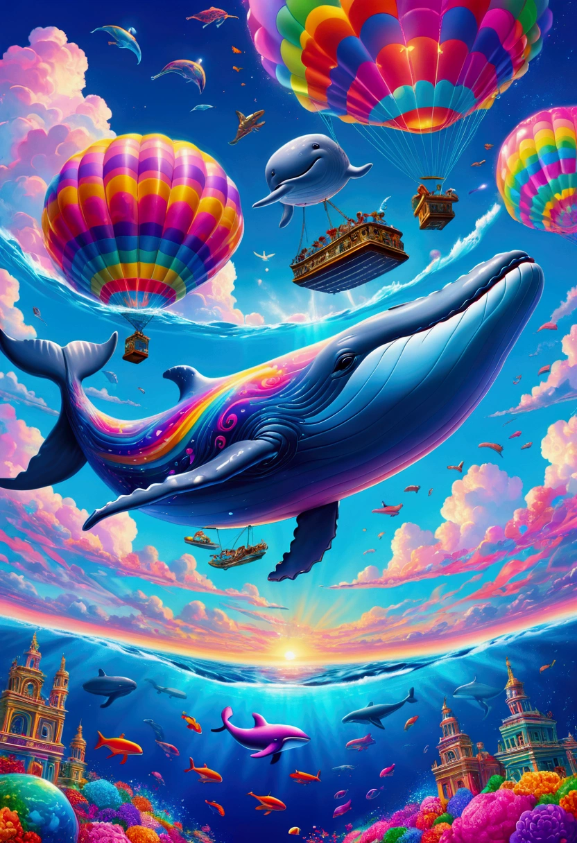 Flying Whale, sky, by Lisa_Frank, cinematic still, (best quality, masterpiece), very aesthetic, perfect composition, intricate details, ultra-detailed, vivid colors