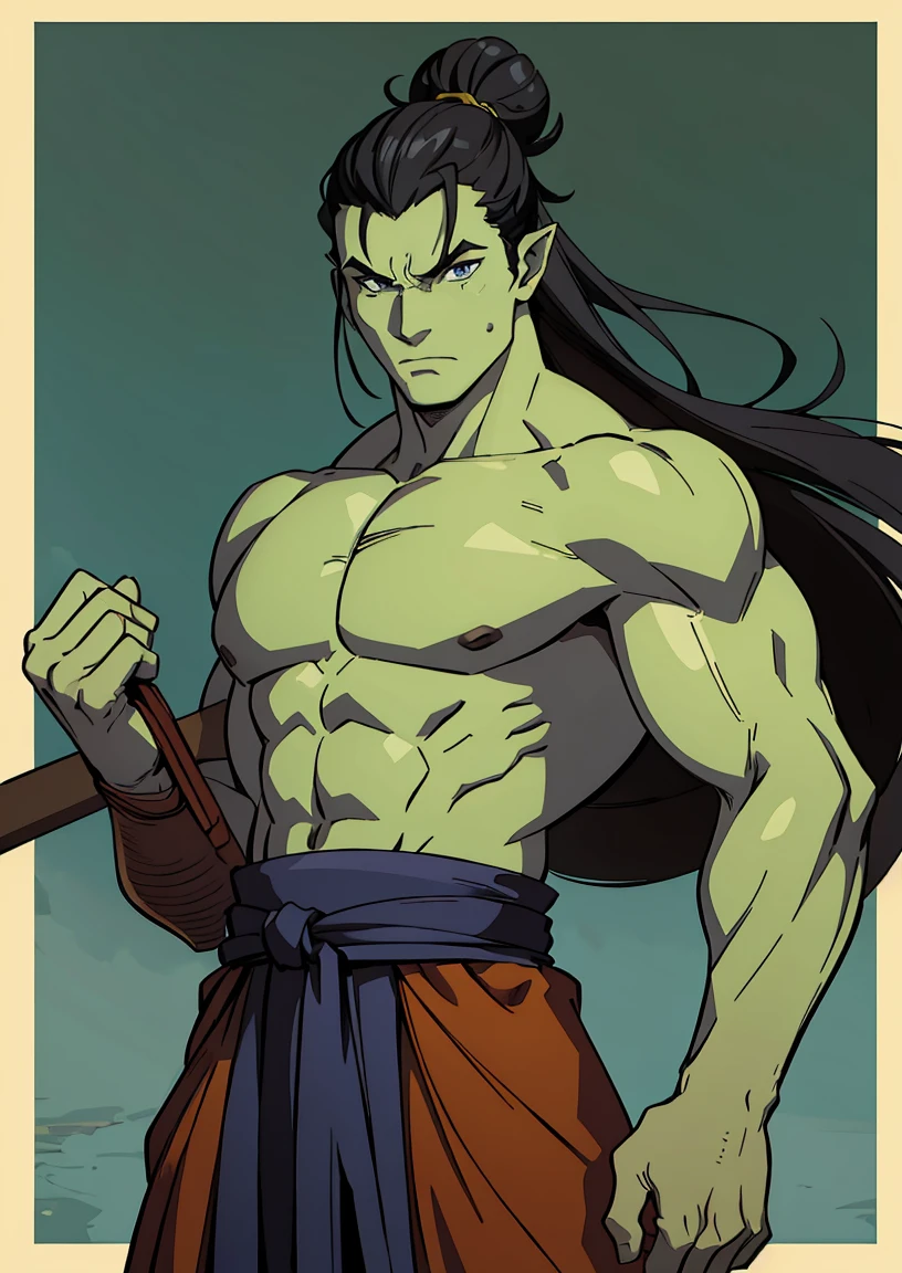 (work of art, maximum quality, best qualityer, offcial art) half-orc, masculine, green skin Standing about 1.8 to 1.9 meters tall with a slender build, but muscular. Her black hair is tied in a samurai bun, expressive blue-gray eyes, prominent lower canines. His monk&#39;s robe in white colors with gray details (closed in the chest). The lower body is dressed in tailored pants and reinforced boots, and a wide band of white leather. Accessories include gauntlets with gold detailing, of medieval fantasy