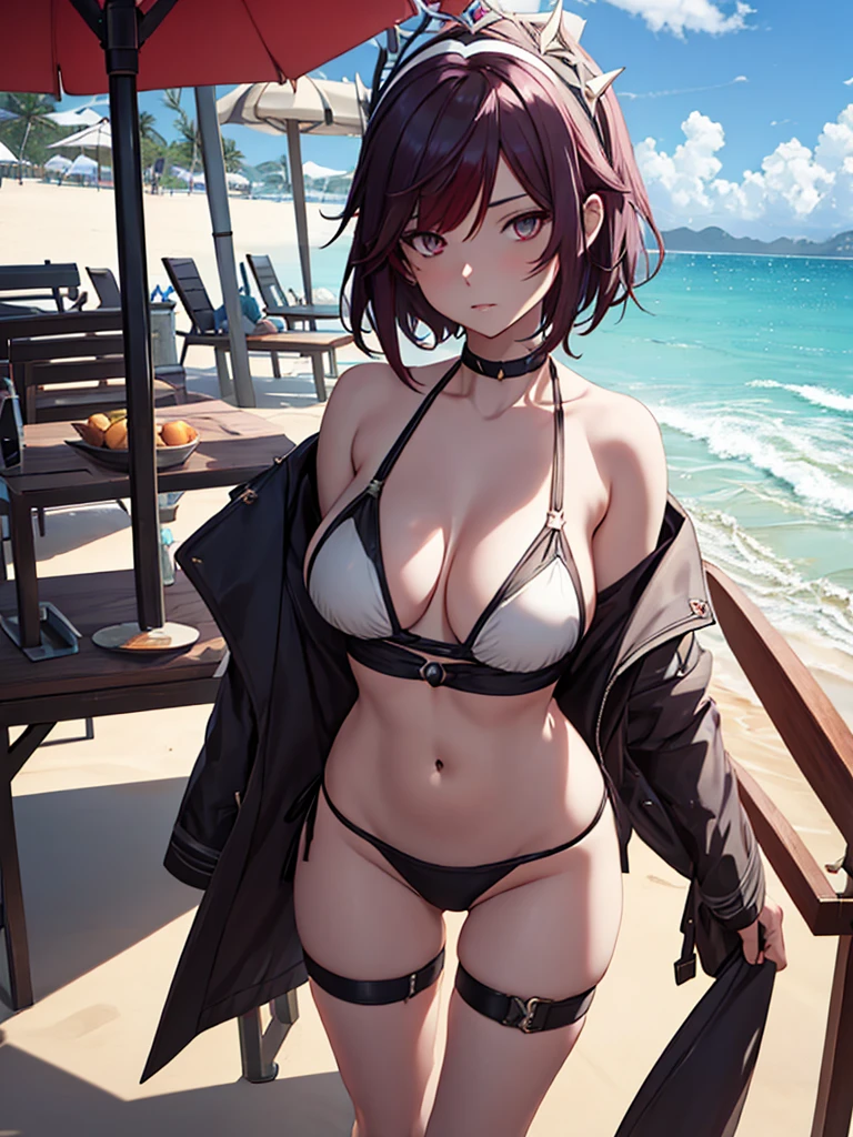 Rosaria from Genshin impact game, 1woman, wearing a sexy bikini at beach, short hair style, pale skin, 8k, high detailed, high quality, full body