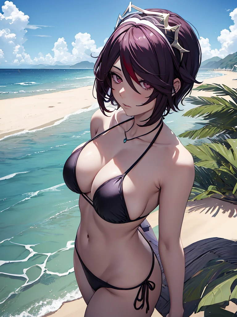 Rosaria from Genshin impact game, 1woman, wearing a sexy bikini at beach, short hair style, pale skin, 8k, high detailed, high quality, full body