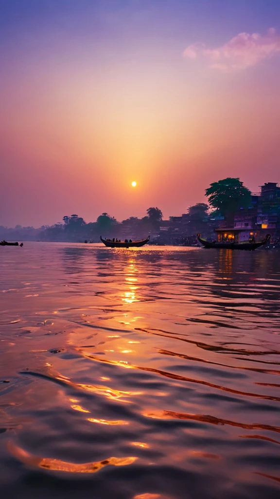 a serene sunset scene by the ganges river, signature of "BARU", beautiful detailed sky with vibrant colors reflecting on the shimmering water surface,gentle waves lapping against the shore,distant sounds of prayers being sung,atmospheric lighting,photorealistic,8k,highly detailed,masterpiece