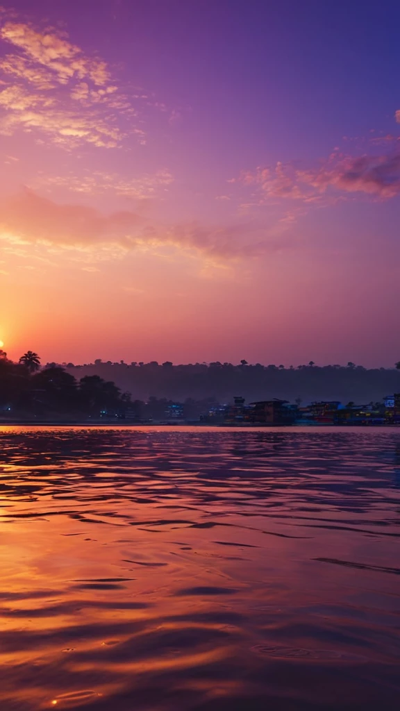 a serene sunset scene by the ganges river, signature of "BARU", beautiful detailed sky with vibrant colors reflecting on the shimmering water surface,gentle waves lapping against the shore,distant sounds of prayers being sung,atmospheric lighting,photorealistic,8k,highly detailed,masterpiece