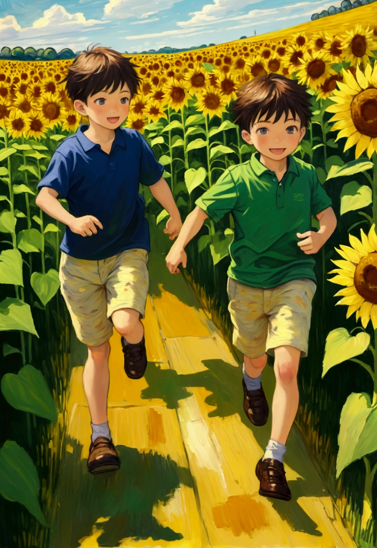 Two **********s running through the sunflower field, oil painting in the style of Van Gogh