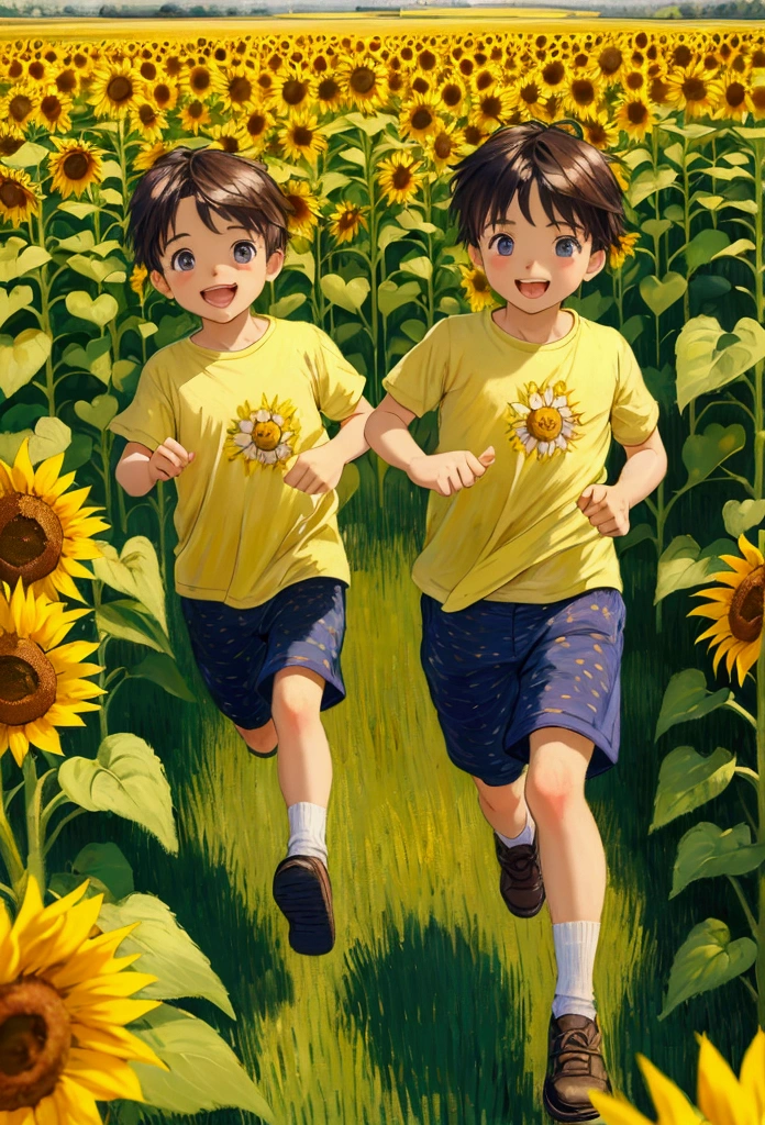 Two s running through the sunflower field, oil painting in the style of Van Gogh