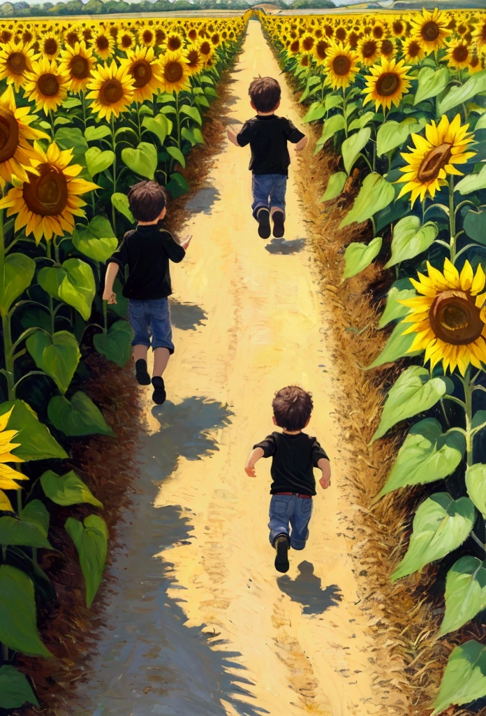 Two  boys running through the sunflower field, oil painting in the style of Van Gogh