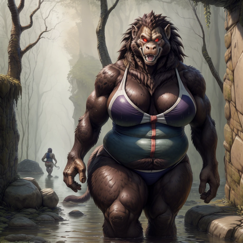 solo, breath (ultra detailed), a beautiful and detailed full size portrait of a female anthro gorilla, oozaru, brown fur, fur body, monkey tail, red eyes, close up view, glowing eyes, empty eyes, tail, bedroom eyes, detailed eyes, big body, sexy body, (wide body). goddess, kenket, Ross Tran,ruan jia, trending on artstation,foxovh, cenematic lighting, front view, big breaths, huge boobs, big , big fat boobs, big , big , big , raining, day, fat, obese, (((stone hallway, distant swamp, seductive, pose, walking, arms behnd head))), curvy figure, (((one piece bikini))), angry, open mouth, blush,
