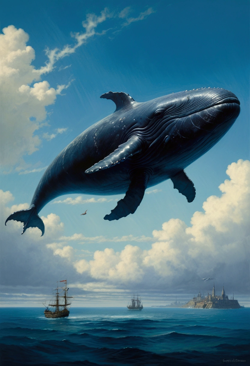 Flying Whale, sky, by Lisa_Frank, cinematic still, (best quality, masterpiece), very aesthetic, perfect composition, intricate details, ultra-detailed, vivid colors