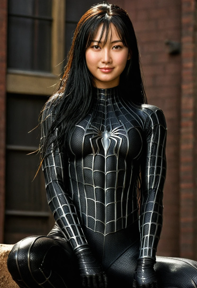 score_9, score_8_up, score_7_up, best quality, realistic, masterpiece, beautiful detail, hyperrealistic, (1girl, woman body, smile, black hair), big breasts:1, amazing detailed full body portrait of a beautiful japanese girl, defined muscle girl, wearing a realistic and highly detailed black raimi spider-man suit, ((huge muscular girl)), professional model wears ultra - detailed black raimi spider - man suit, ultra - detailed and grained black raimi spiderman suit, suit covered entire body and hand, black spiderman gloves, wet, (hand holding hair, sitting), (full body), (dirty skin), close up, octane render, highly detailed, volumetric, dramatic lighting, (highest quality:1.1), (HDR:1.3), (top quality, best quality), realistic, high definition,
