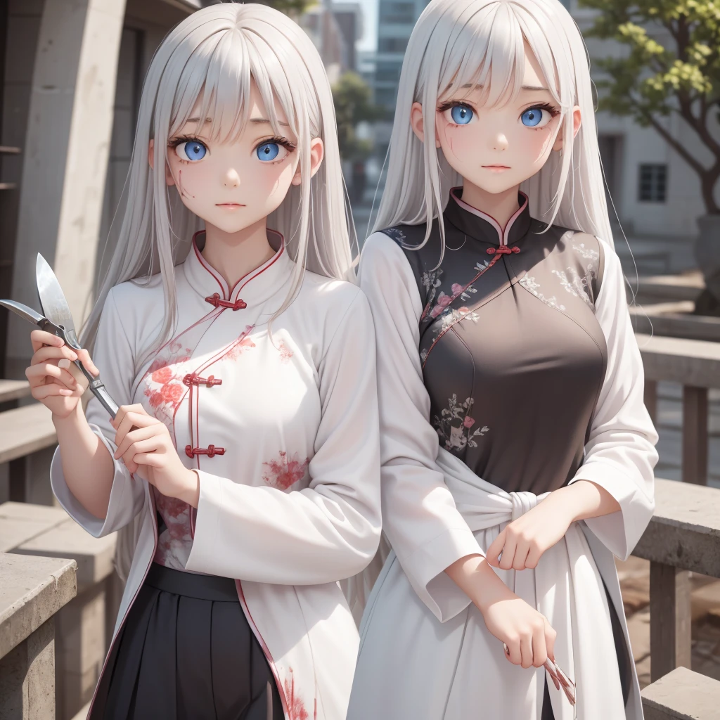 masterpiece, Highest quality, night, Outdoor, rainy days, branch, Chinese style, ancient China, 1 female, Mature Woman, A woman with long silvery white hair, Gray blue eyes, Pale pink lips, cold, Severe, weak, bangs, assassin, Short knife, White clothes, Black clothing pattern, Blood stains, Blood, Injury, Blood on the face, Blood on the clothes, rain, Beautiful Face, Beautiful Face,