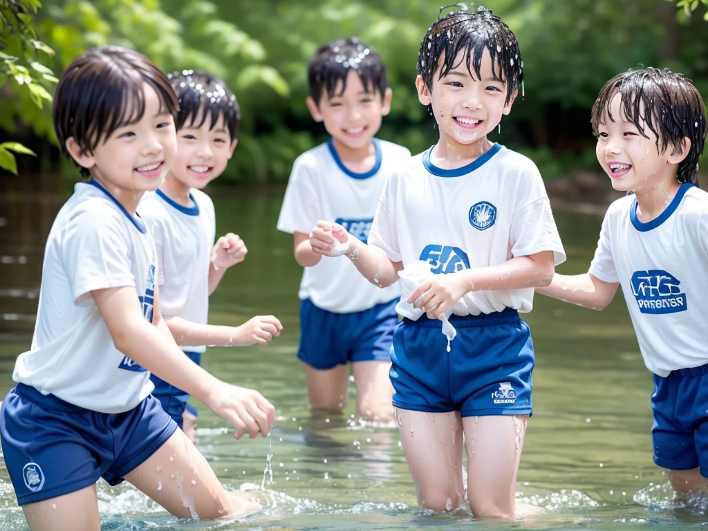 In the forest、Children in the countryside、Swimming in the river、Bathing in water、水でGet wet all over、Cute elementary school boy、１０Year old boy、Boy in gym clothes、The bottom of the white T-shirt is blue、Blue shorts、The boys are playing、Get wet all over、The laughter of boys can be heard from afar、Splashing Water、Japanese、（Boy 1.4）、high resolution、Highest quality