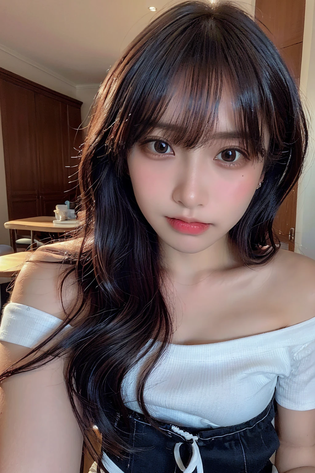 (Highest quality:1.4),(masterpiece:1.4),(Realistic:1.4),(Realistic:1.2),(超High resolution, RAW Photos:1.4),(High resolution, Very detailed:1.2),(8K:1.2),Cheki,a photo of a dark-haired,One Girl,alone,(wearing off shoulder buttoned school attire with mini shorts),Big Breasts,((Upper Body:1.3)), beautiful thighs, long wavy Hair,Low image quality、blurred