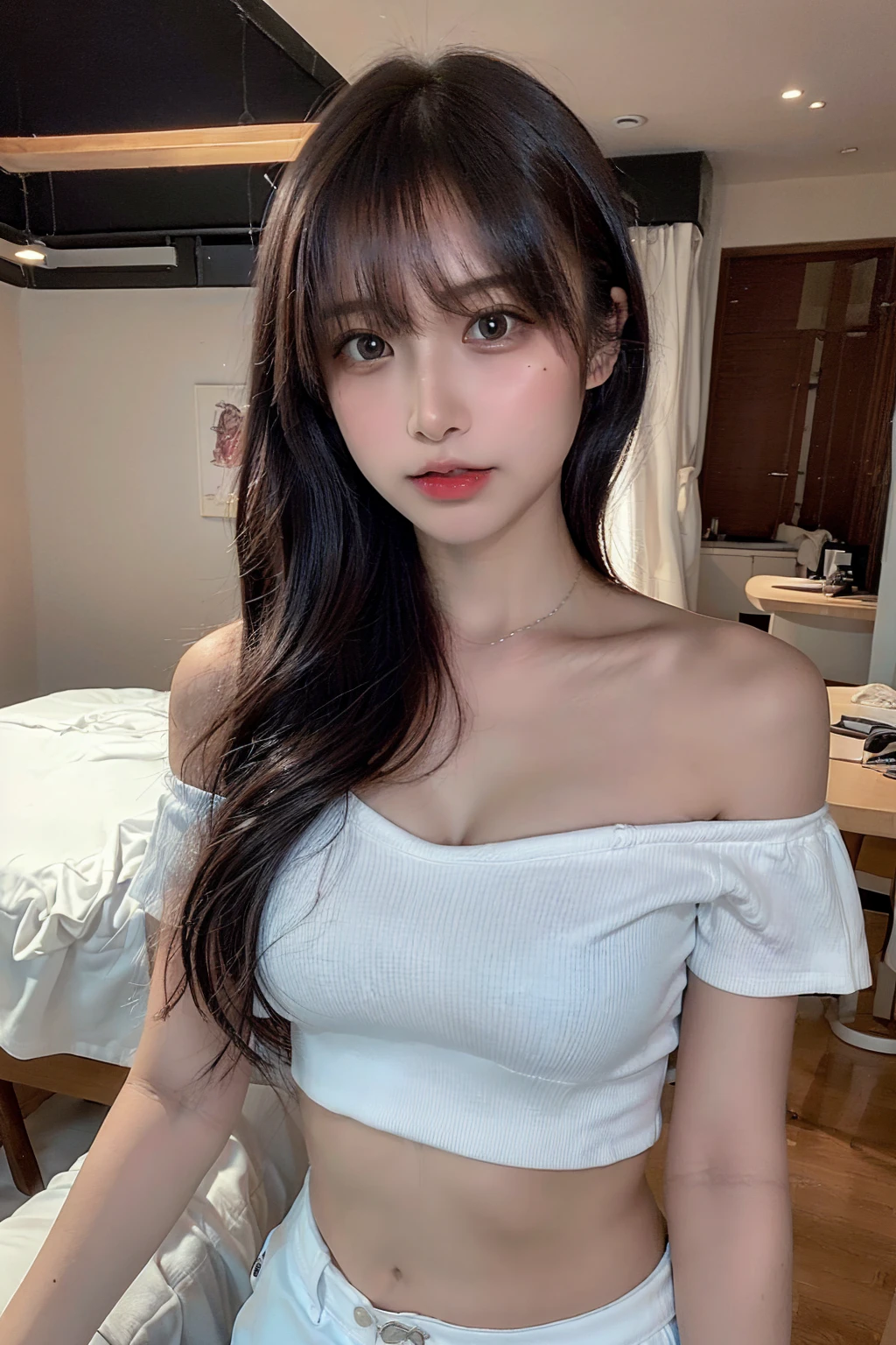 (Highest quality:1.4),(masterpiece:1.4),(Realistic:1.4),(Realistic:1.2),(超High resolution, RAW Photos:1.4),(High resolution, Very detailed:1.2),(8K:1.2),Cheki,a photo of a dark-haired,One Girl,alone,(wearing off shoulder buttoned school attire with mini shorts),Big Breasts,((Upper Body:1.3)), beautiful thighs, long wavy Hair,Low image quality、blurred