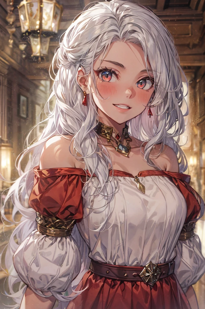 1girl, simple white and red tunic, long curvy messy hair, silver hair, glowing ruby colored eyes, ((beautiful face)), detailed face, detailed eyes, perfect anatomy, collar bone, off shoulder, secluded old tavern, medieval theme, pretty lips, tavern owner, illustration, 8k, super details, award winning, high res