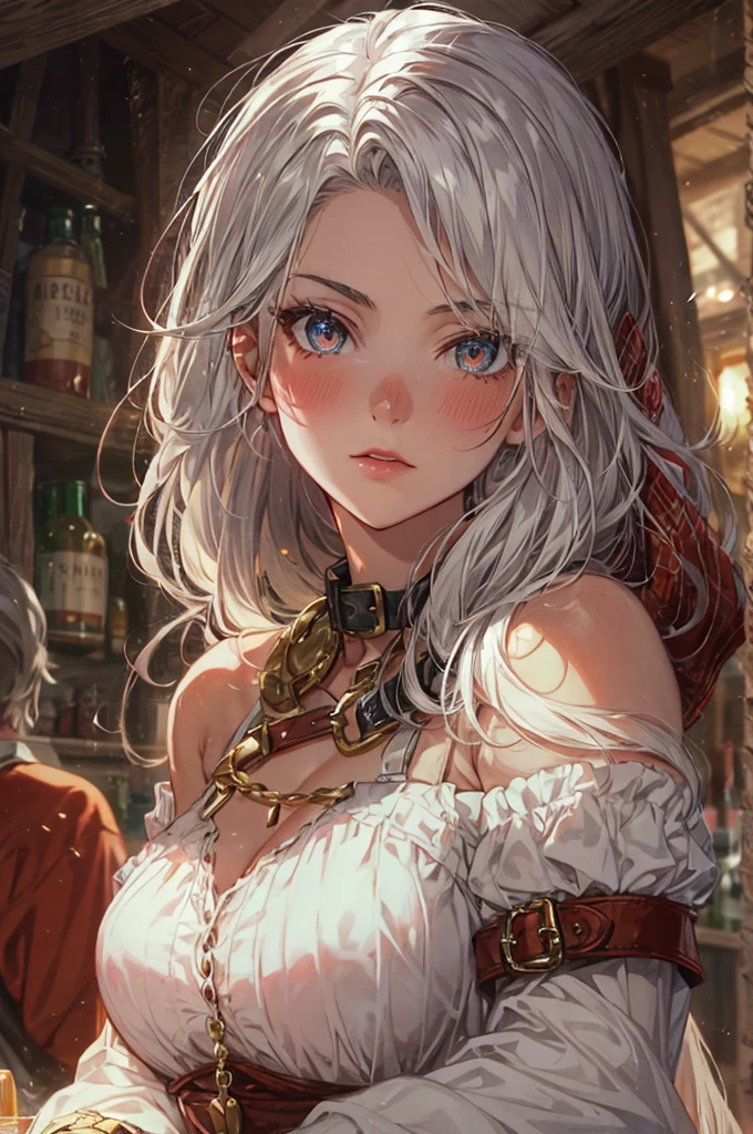 1girl, simple white and red tunic, long curvy messy hair, silver hair, glowing ruby colored eyes, ((beautiful face)), detailed face, detailed eyes, perfect anatomy, collar bone, off shoulder, secluded old tavern, medieval theme, pretty lips, tavern owner, illustration, 8k, super details, award winning, high res