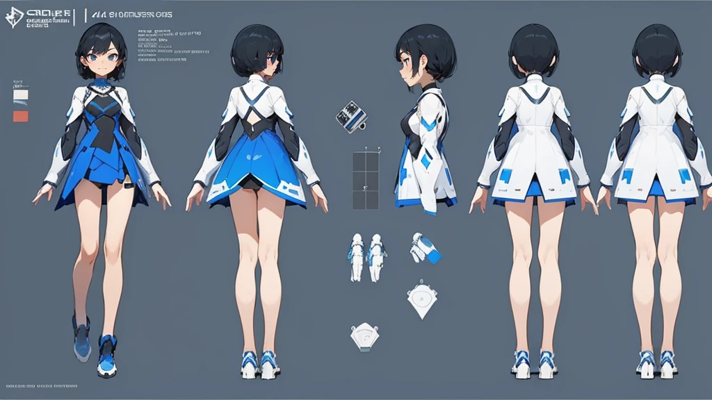 cute girl in a short gaming dress , short hairs ,  black  hairs, blue dress, gaming , smiling face, short dress full straight standing pose, 14yo student, Character Sheet, Full body, modern girl, games girl, Simple white background, character reference sheet, Concept art, design sheet, HD, full body, standing, modern futuristic dress,