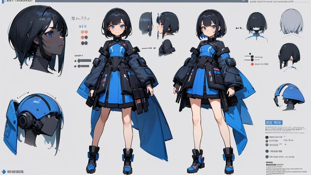 cute girl in a short gaming dress , short hairs , black hairs, blue dress, gaming , smiling face, short dress full straight standing pose, 14yo student, Character Sheet, Full body, modern girl, games girl, Simple white background, character reference sheet, Concept art, design sheet, HD, full body, standing, modern futuristic dress,