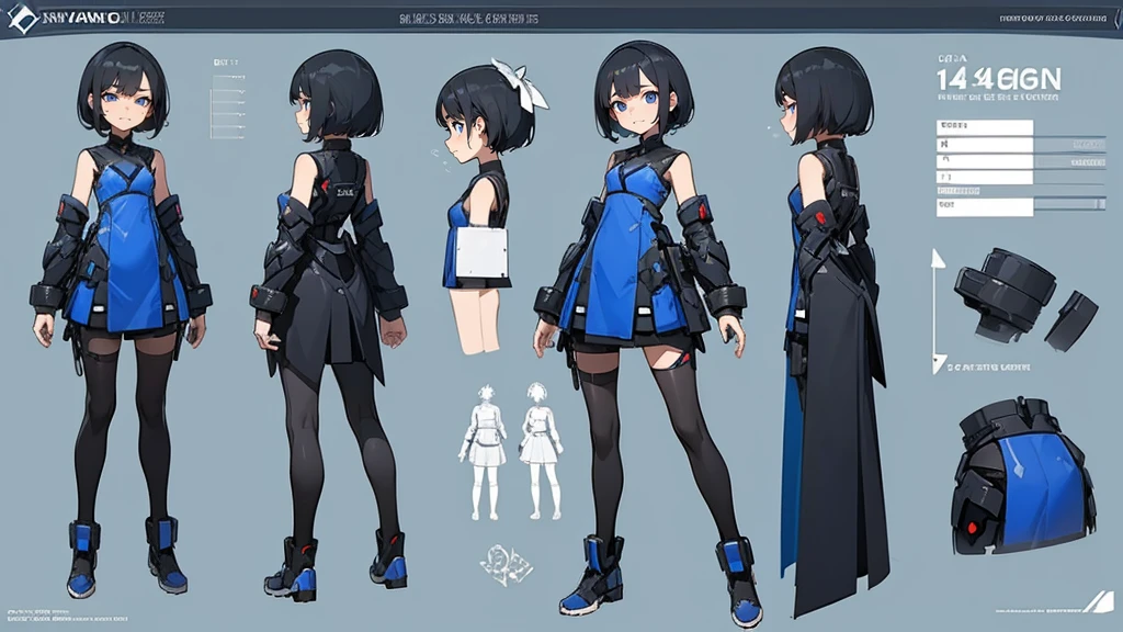 cute girl in a short gaming dress , short hairs ,  black  hairs, blue dress, gaming , smiling face, short dress full straight standing pose, , Character Sheet, Full body, modern girl, games girl, Simple white background, character reference sheet, Concept art, design sheet, HD, full body, standing, modern futuristic dress,