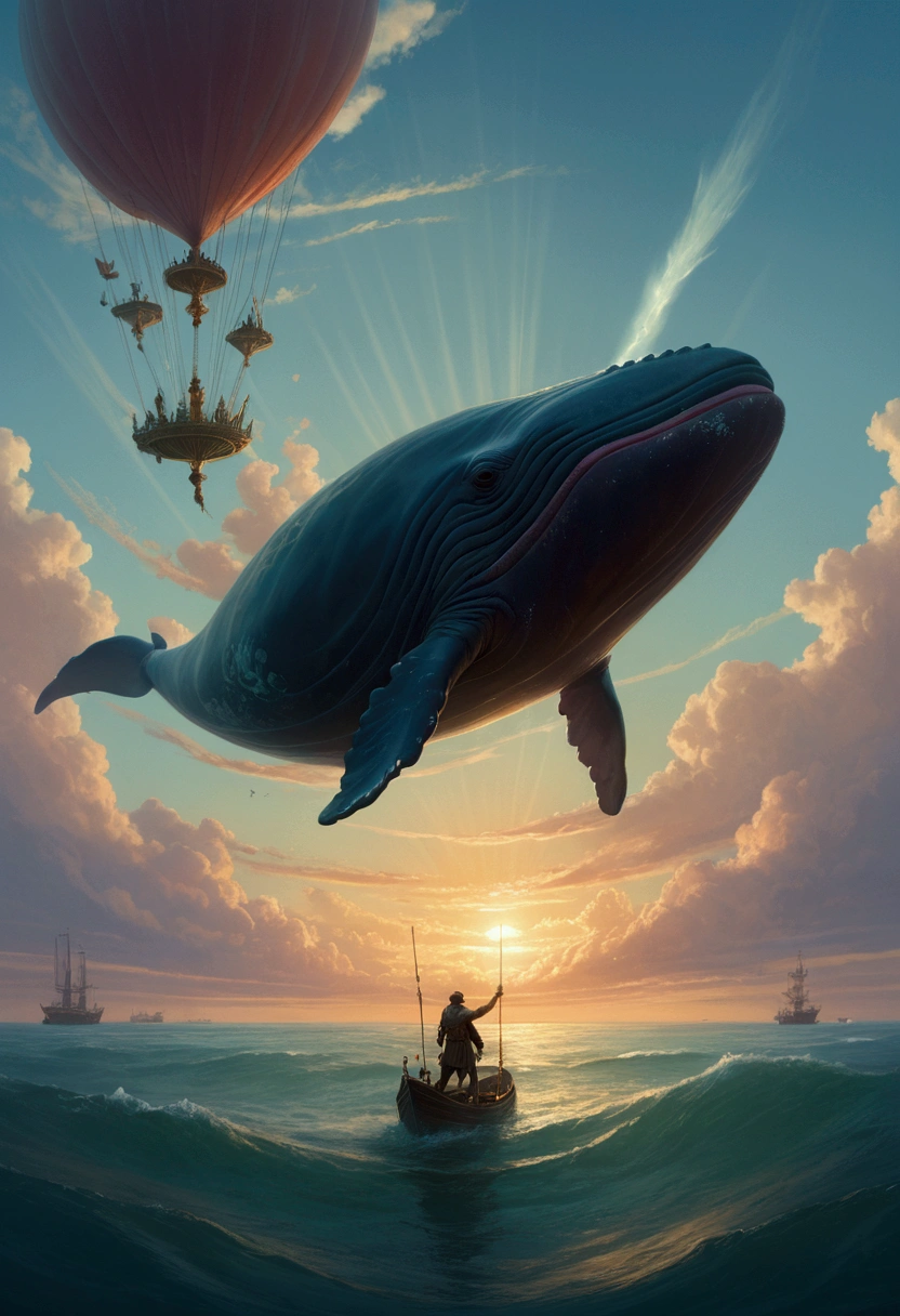 Flying Whale, sky, by Lisa_Frank, cinematic still, (best quality, masterpiece), very aesthetic, perfect composition, intricate details, ultra-detailed, vivid colors