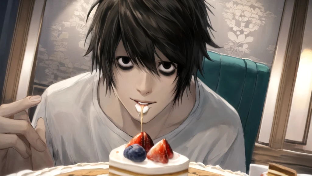 1 boy, man, perfect anatomy, mesmerizing black eyes, 8k resolution, (one person), (realism: 1.2), (masterpiece: 1.2), (cowboy frame: 1.2), dark romantic lighting, (high detail: 1.2), (detailed face: 1.2), (gradients), bright detailed eyes, (natural light: 1.2), solo, indoors, perfect lighting, perfect facial features, perfect angle, perfectly drawn eyes, man, smile, skinny, eats cake, holds the phone in his hand