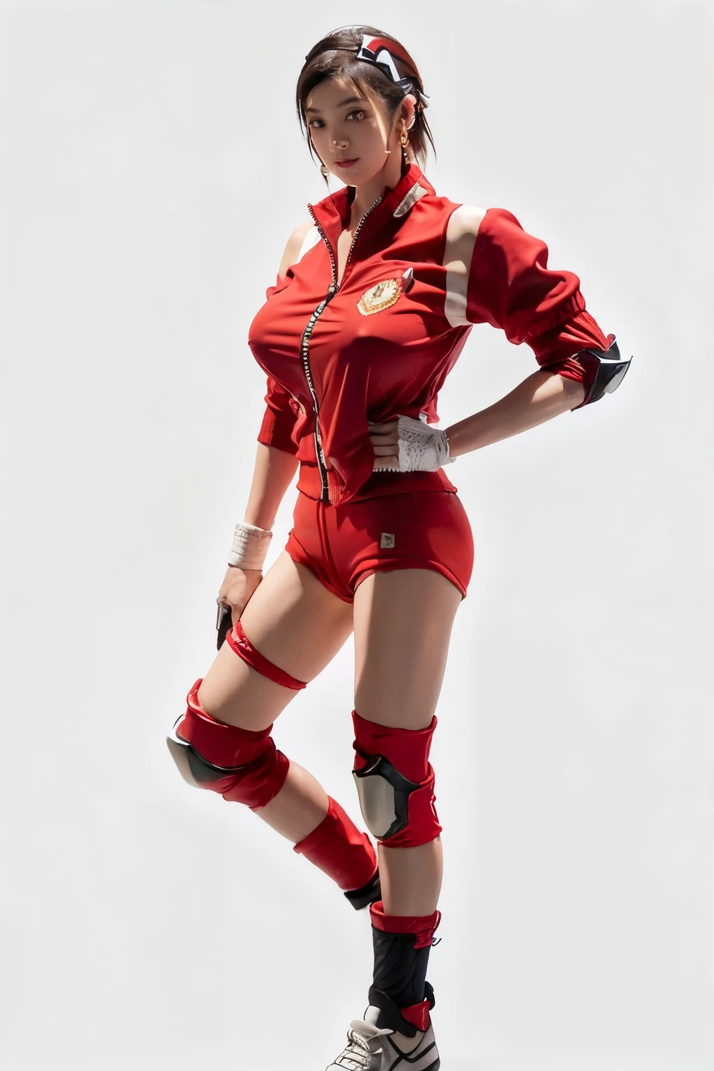 (tall:2),(photo realist: 1.2), (hiper realist: 1.2), (realistic: 1.2), (smoother lighting: 1.2), (Improve the quality of movie lighting: 1.2), (RAW photo:1.2), (better quality:1.2), (perfect eyes:1.2), (masterpiece:1.2), (Physically based rendering:1.2), (ultra high resolution:1.2), (best quality:1.2),(ayuhara natsu:2),(1girl:2),(standing:2),(full body photo:2),(sexy pose:2),(large breast:2),(short hair:1.2),(beauty face:1.2),(earring:2),(red jacket:2),(short shorts:2),(knee pads:2),(simple background:2),(shiny skin:1.2), (sneakers:1.2)