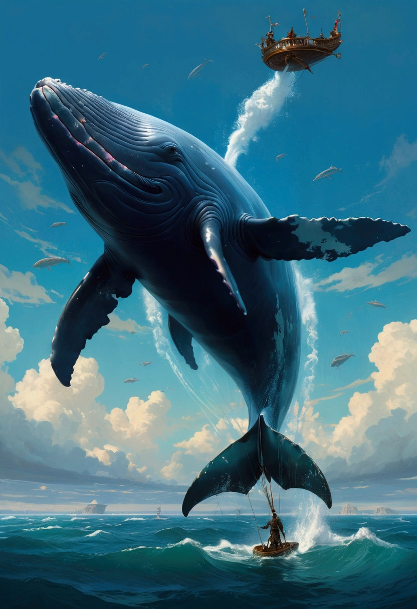 Flying Whale, sky, by Lisa_Frank, cinematic still, (best quality, masterpiece), very aesthetic, perfect composition, intricate details, ultra-detailed, vivid colors