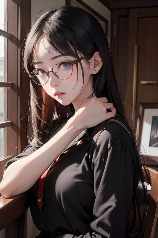Highest quality、masterpiece、High sensitivity、High resolution、Detailed Description、Slender women、Glasses、Clothes are torn、Bondage、Frightened expression、