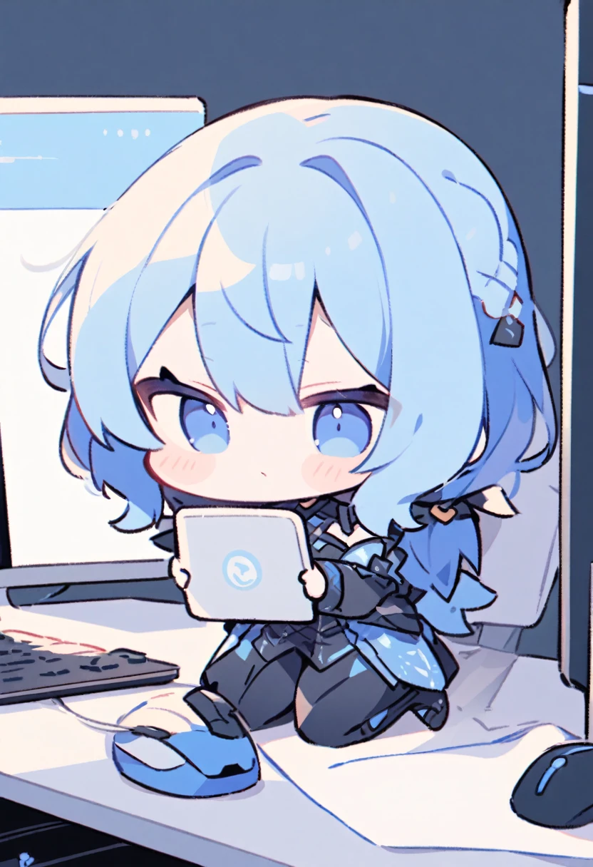 blue hair, chibi, with a computer