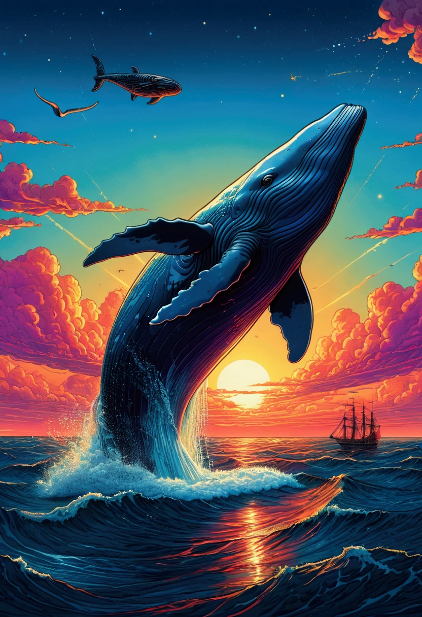 Flying Whale, sky, by Lisa_Frank, cinematic still, (best quality, masterpiece), very aesthetic, perfect composition, intricate details, ultra-detailed, vivid colors