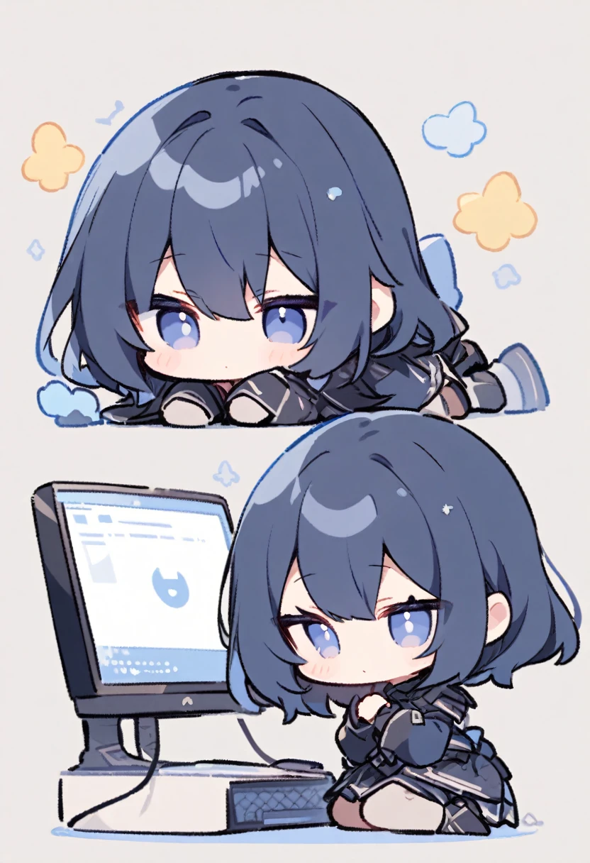 Dark blue hair, chibi, with a computer