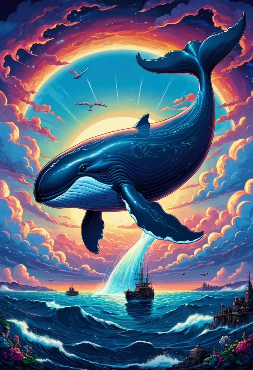 Flying Whale, sky, by Lisa_Frank, cinematic still, (best quality, masterpiece), very aesthetic, perfect composition, intricate details, ultra-detailed, vivid colors