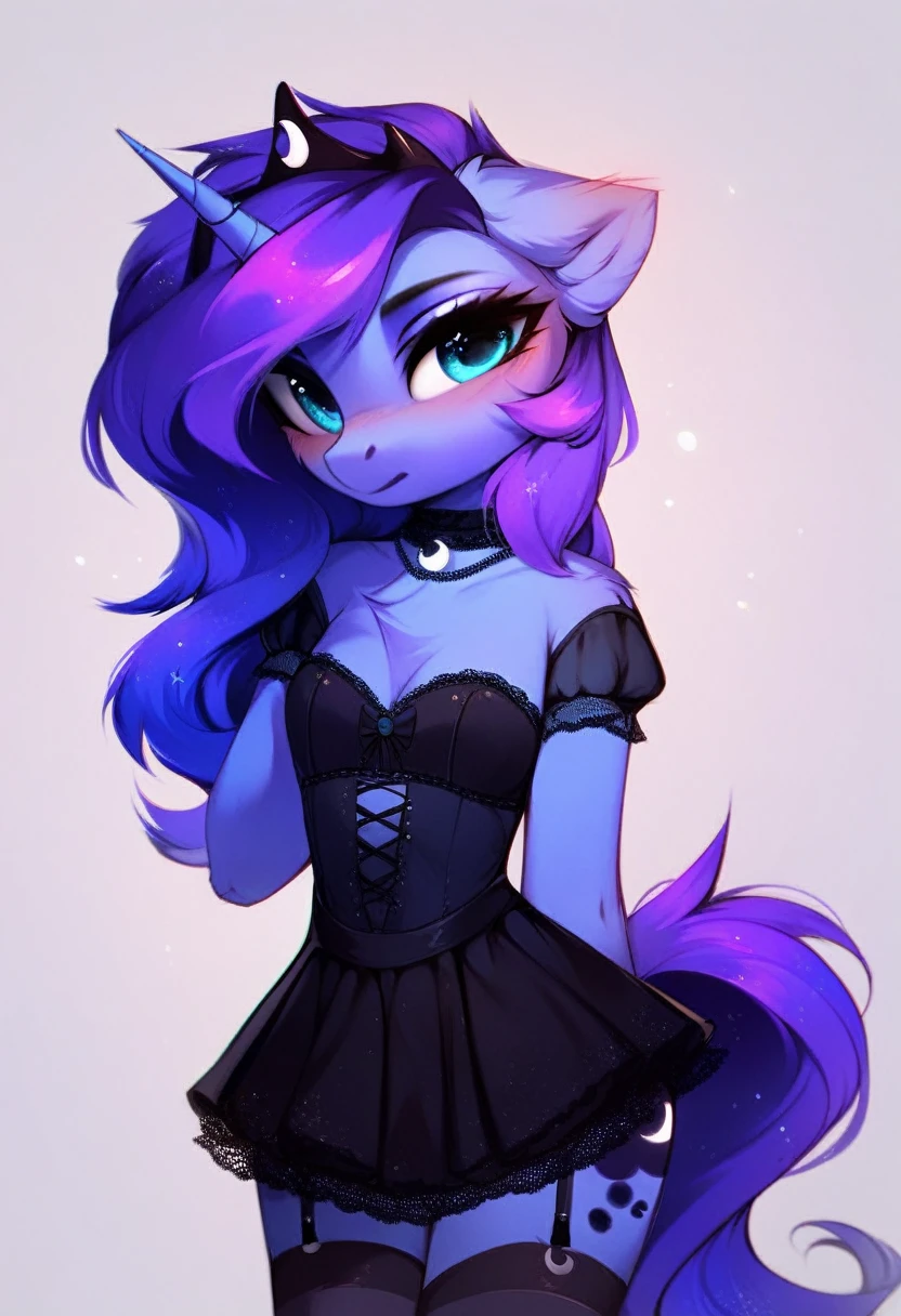 check_9, check_8_up, check_7_up, source_fluffy, rating_safe, from Magnaluna, Luna poses seductively in a gothic bedroom, antro, blushing, blue body, purple mane, black lingerie skirt