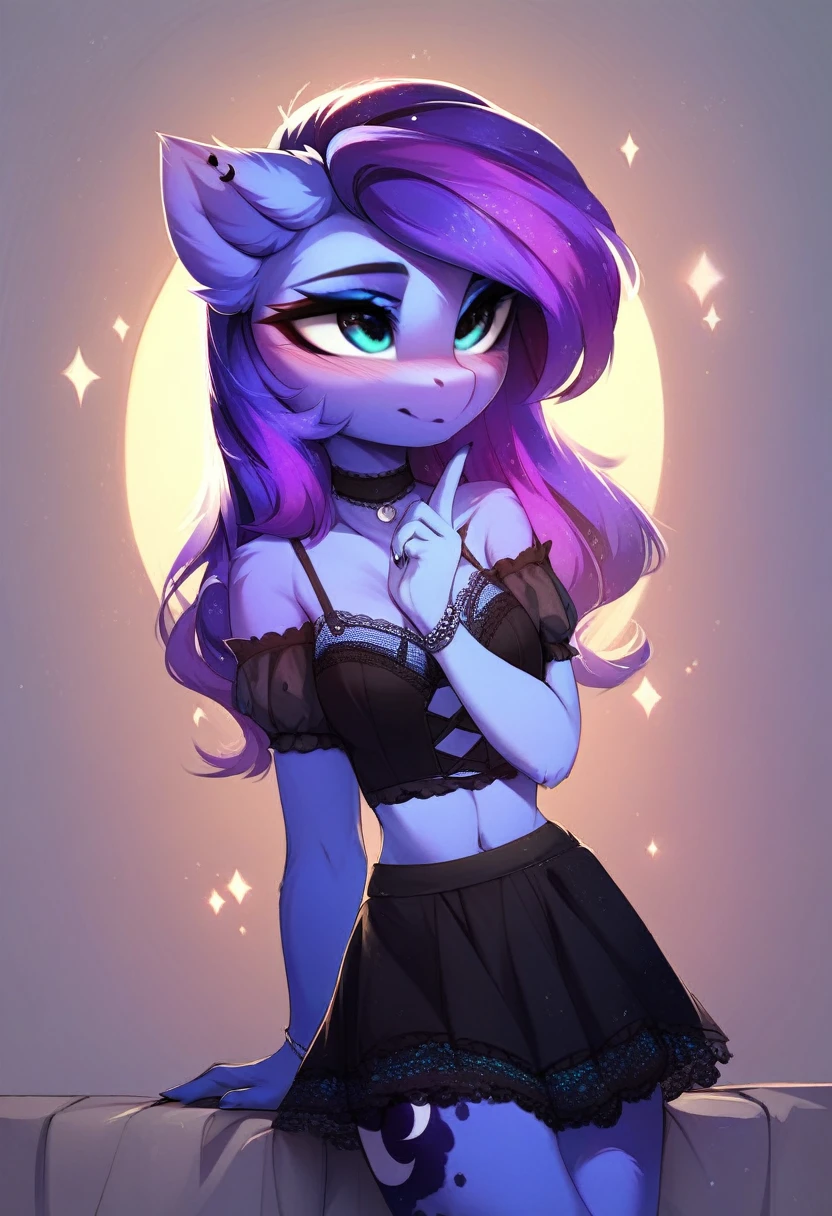 check_9, check_8_up, check_7_up, source_fluffy, rating_safe, from Magnaluna, Luna poses seductively in a gothic bedroom, antro, blushing, blue body, purple mane, black lingerie skirt