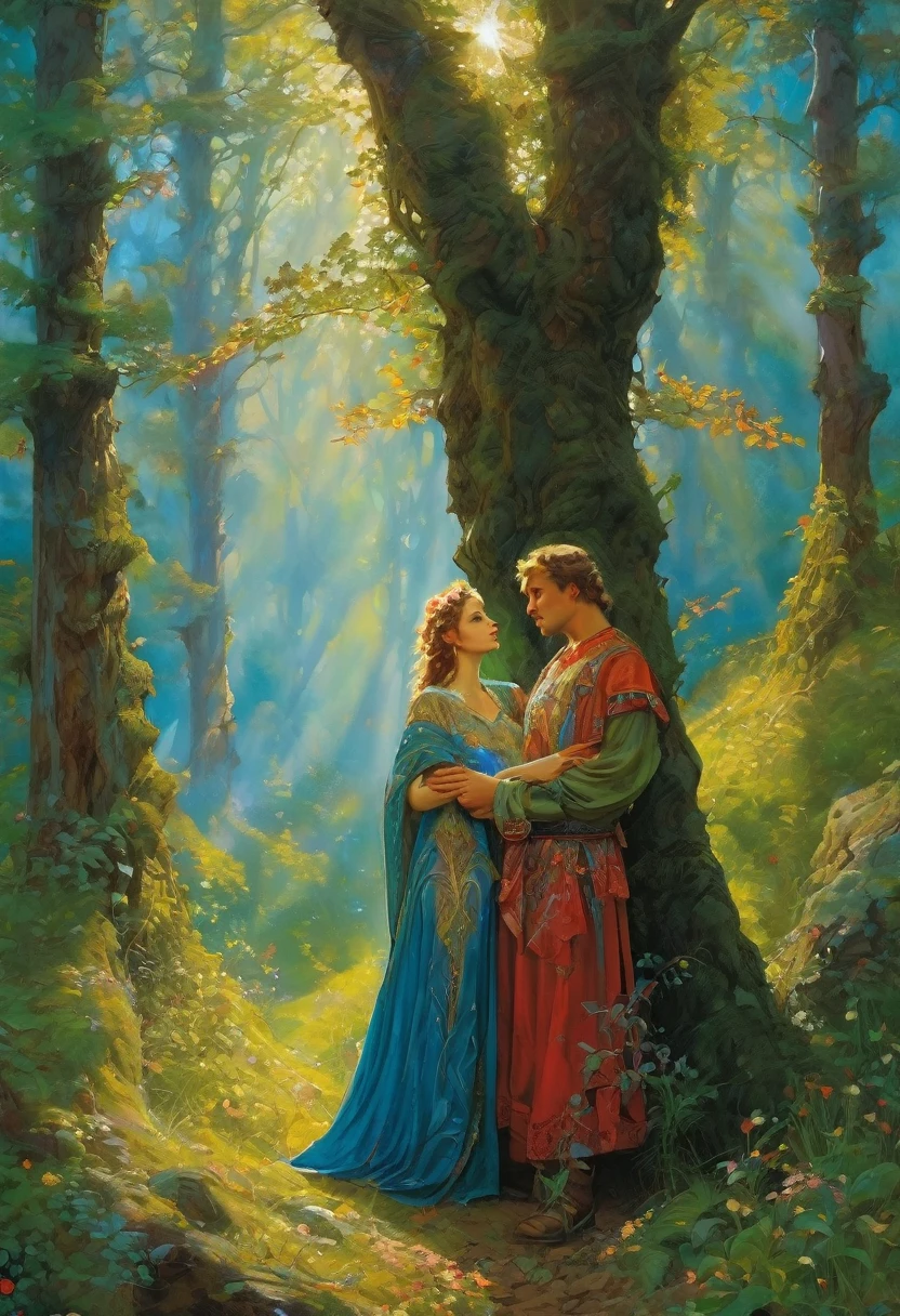 a painting of a man and woman in a forest with a tree, slavic folk fairytale, by Alexander Kucharsky, mucha and artem demura, michael whelan and karol bak, beautiful art, by Vladimir Novak, slavic mythology, by Vladimir Borovikovsky, josephine wall and pino daeni, by Andrei Ryabushkin