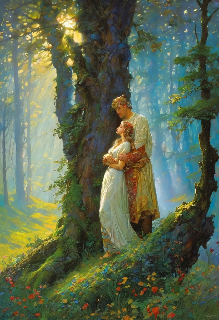 a painting of a man and woman in a forest with a tree, slavic folk fairytale, by Alexander Kucharsky, mucha and artem demura, michael whelan and karol bak, beautiful art, by Vladimir Novak, slavic mythology, by Vladimir Borovikovsky, josephine wall and pino daeni, by Andrei Ryabushkin
